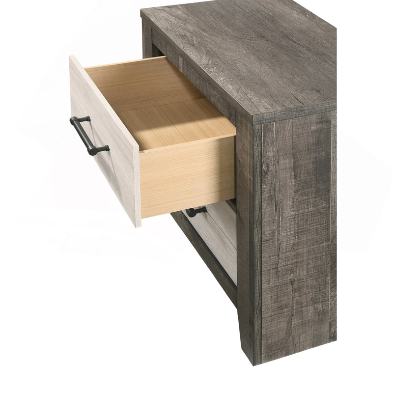 Table de chevet 1pc, finition bicolore, commode, rangement de chevet, deux tiroirs, poignée en métal, gris, beige