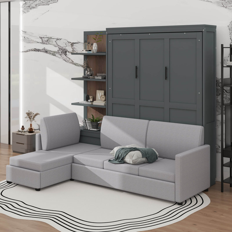 Grand lit escamotable avec canapé et tablettes, Gris