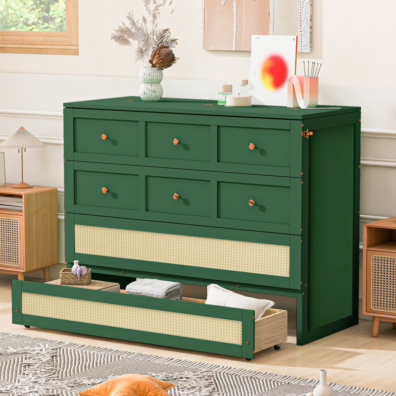 Lit escamotable avec grands tiroirs, style classique, rotin et rangement., Vert