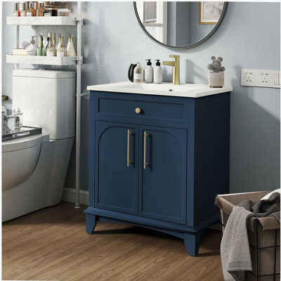 Meuble-lavabo moderne 27,8 po avec surface peinte, meuble-lavabo autoportant Mid-Century avec rangement, meuble-lavabo haut de gamme avec tiroirs et poignées en métal