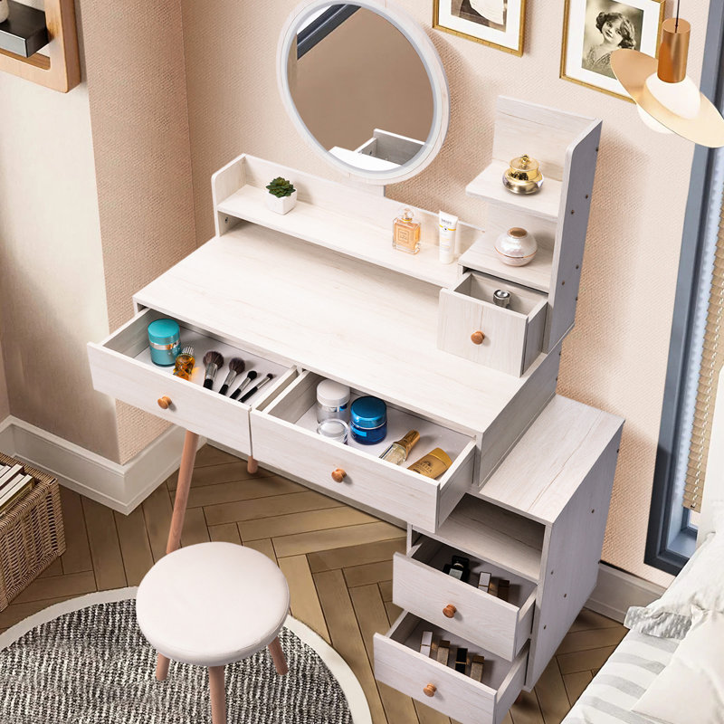 Meuble-lavabo avec miroir et tabouret rembourré