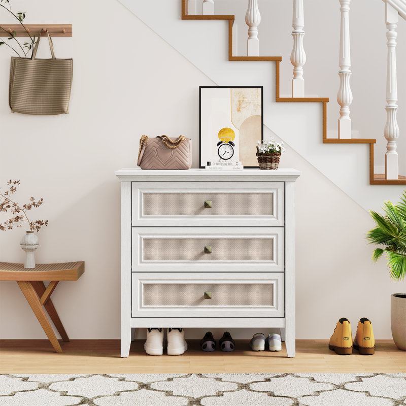 Commode 3 tiroirs déco en rotin naturel, Blanc