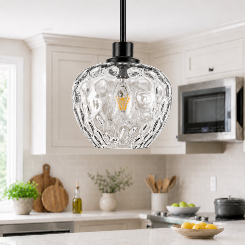 Aguilera 1-Light Apple-Shaped Water Glass Pendant Light for Kitchen Island, Dining, 9.1" W, E26 Base, Matte Black, Clear