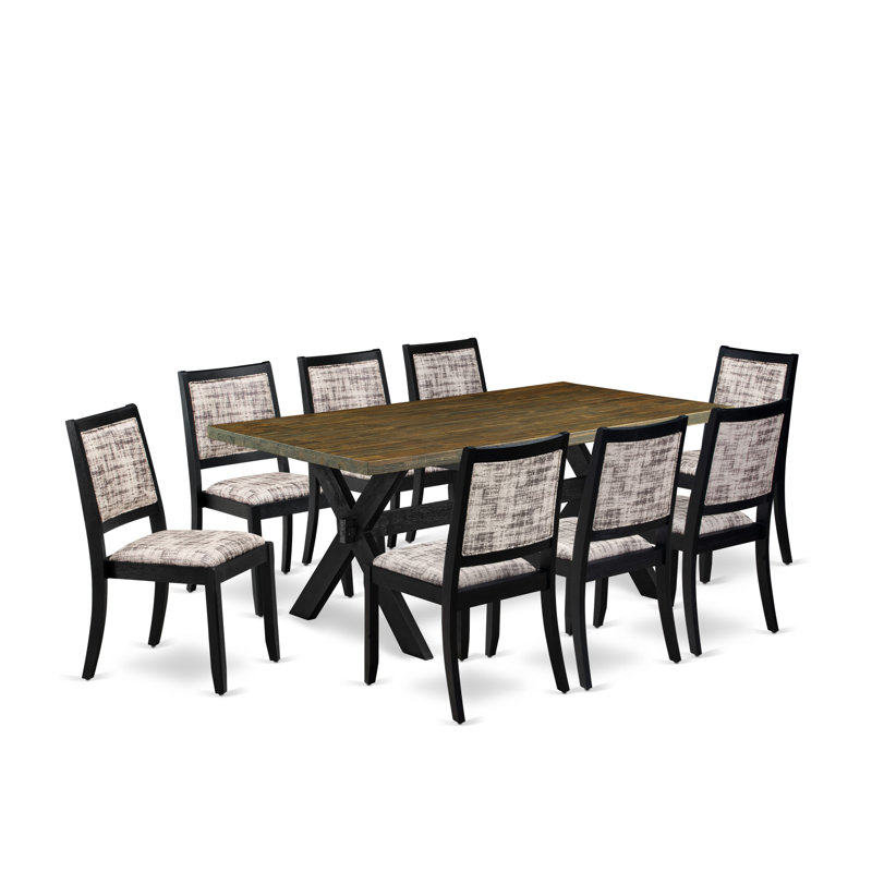 9-piece modern kitchen set consists of a wooden table with tabletop and 8 stackable chairs with White and Gray Pattern Polyester Fabric - Wire-brushed Black