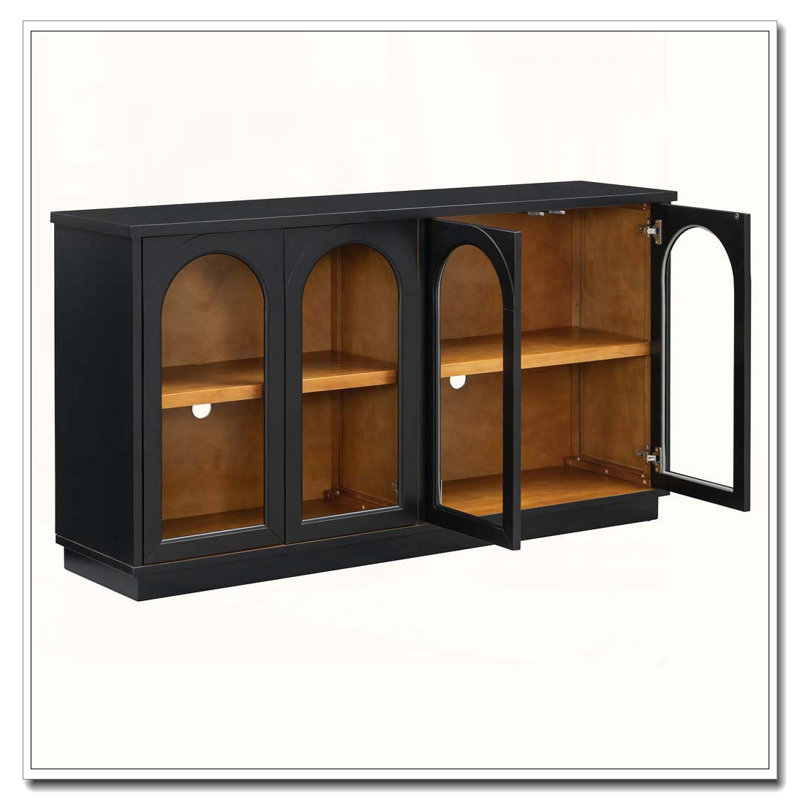 Buffet en verre arqué avec tablettes réglables, Noir