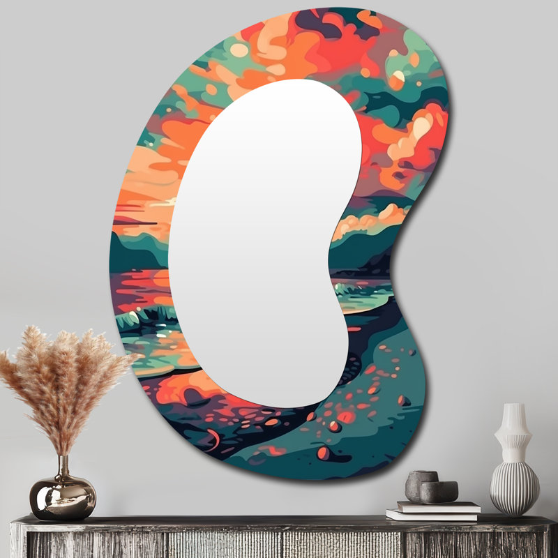 Porcaro, coucher de soleil sur la plage, couleurs rétro expressives - miroir mural unique de forme irrégulière plage, miroir asymétrique orange, impression d'art en métal