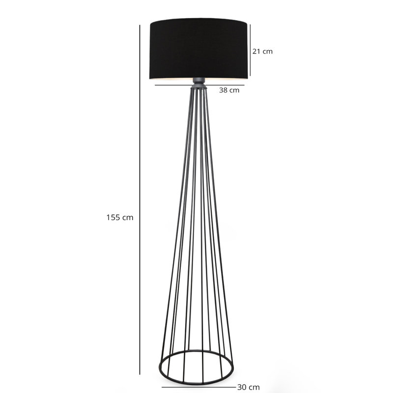 Modern Industrial Floor Lamp, 100% Metal, 61.0 inches Tall, Black Color, E27 Socket Max 40W | Stylish Fabric Cap, Perfect for Home & Office Décor, Sleek Solid Color Design for a Contemporary Look