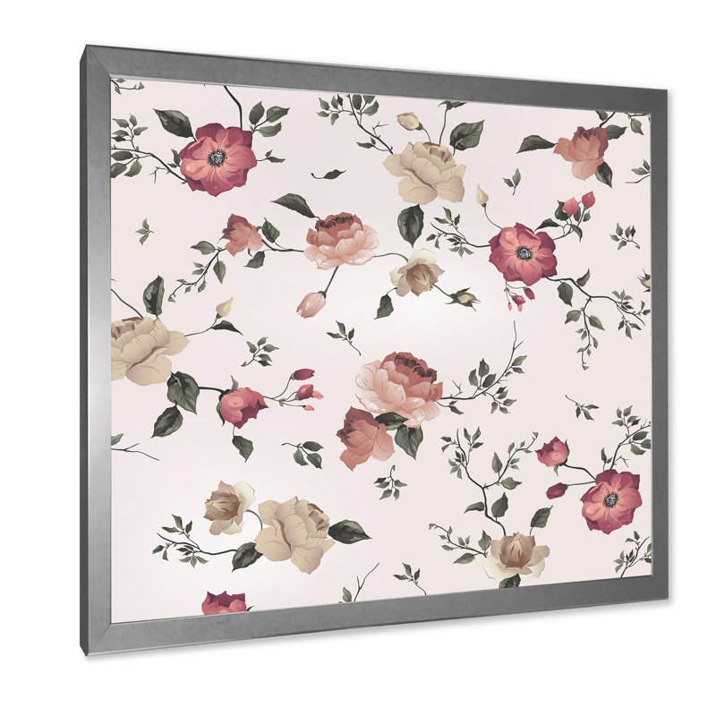 «Vintage Roses On Old Pink», reproduction d'art sur toile à motifs, Cadre photo argenté, H 16 po x l 16 po x P 1 po