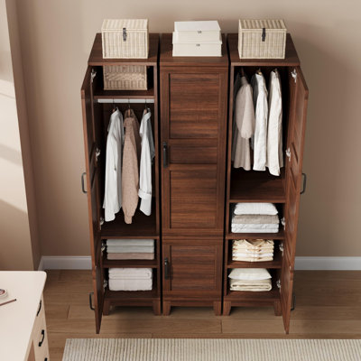 72 in Wooden Armoire Wardrobe Closet with 2 Drawers, Doors & Hanging Rod, Tall Clothing Cabinet with 18 Adjustable Shelves for Bedroom Clothes Storage, Brown