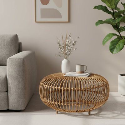 OTTAWA Bohemian Faux Rattan Round Coffee Table, Indoor/Outdoor, Light Brown