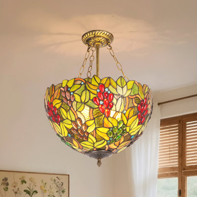 Lustre en vitrail de style raisin de 16 po en laiton antique à intensité variable