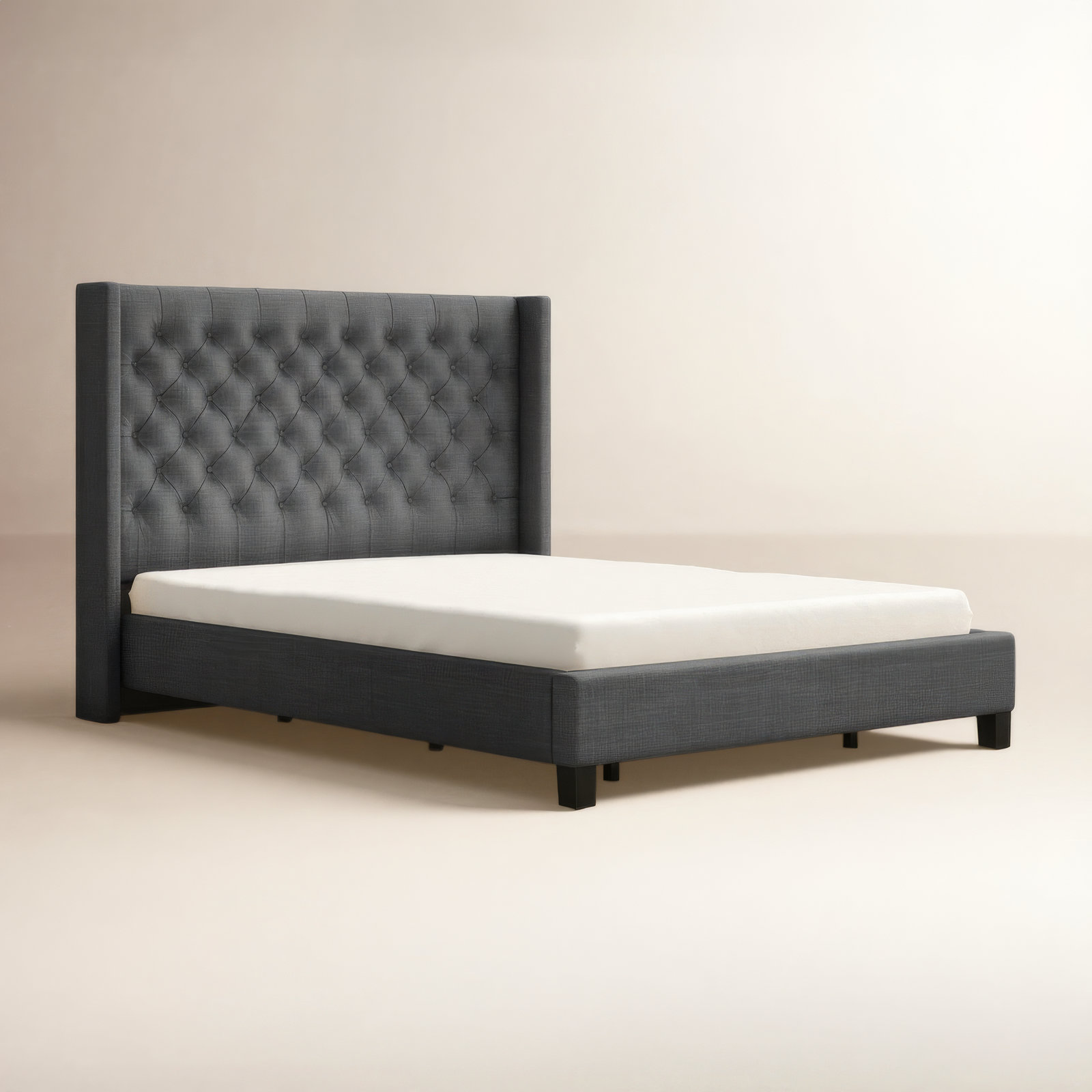 Kaster Linen Upholstered Wingback Bed, King, Heathered Dark Grey Linen