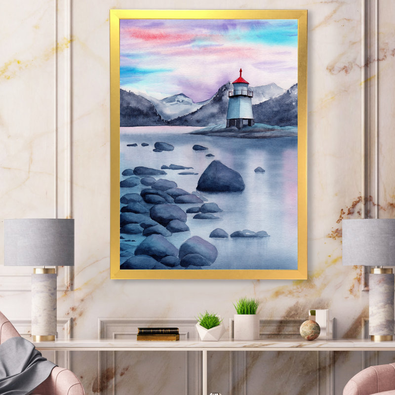 Paysage de soirée avec un phare - Peinture sur toile, H 20 po x l 12 po x P 1 po, Cadre doré