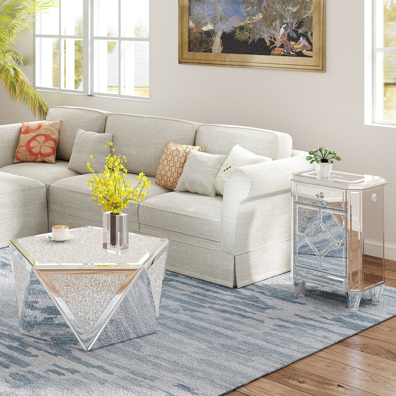 Silver Mirrored Nightstand with Wireless Charging, LED  End Table with Drawer, Modern Side Table with Storage Cabinet