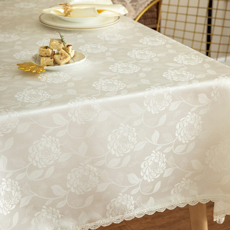 Nappe texturée en tissu jacquard rectangulaire, garniture de dentelle imperméable, garniture de table de salle à manger, housse de table ronde pour l'extérieur 60 x 102 po, blanc ivoire