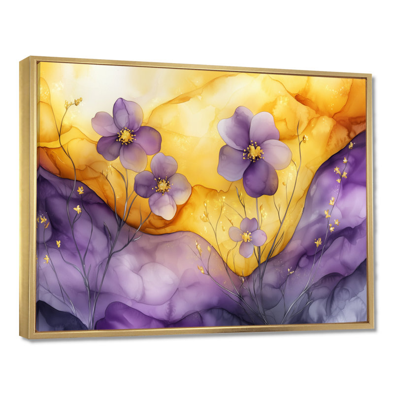 Lavande, fleur de pommier, art mural sur toile, H 30 po x l 40 po, Cadre flottant, Or