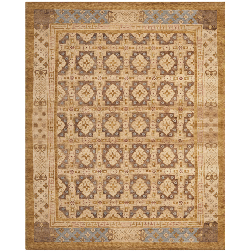 Tapis oriental en laine noué à la main bleu clair / doré Gouaro, Rectangle 8 pi x 10 pi