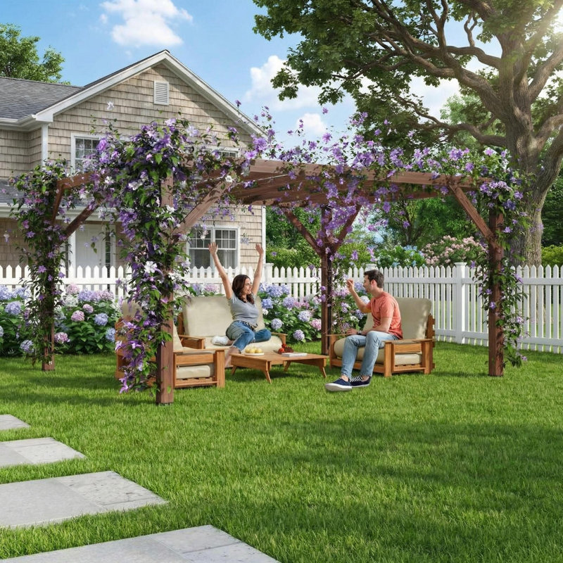 Pergola d'extérieur 12 'x 14' en bois de cèdre de qualité supérieure avec abat-jour rétractable - Durable, résistant à la pourriture et résistant au vent