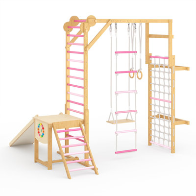 8-in-1 Wooden Indoor Jungle Gym Set for Kids Ages 3-10 – Climbing Structure with Slide, Swing, Monkey Bars, Rope & Rings – Safe Indoor Playground Toy
