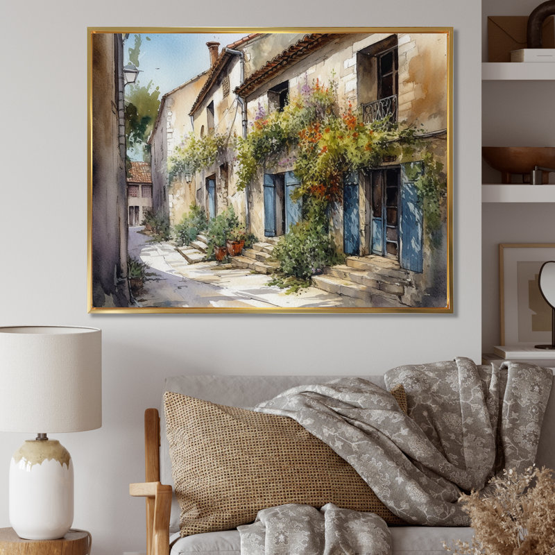 Riata, village méditerranéen, rue V - Paysage, art mural chalet, H 12 po x l 20 po x P 1 po, Cadre flottant doré