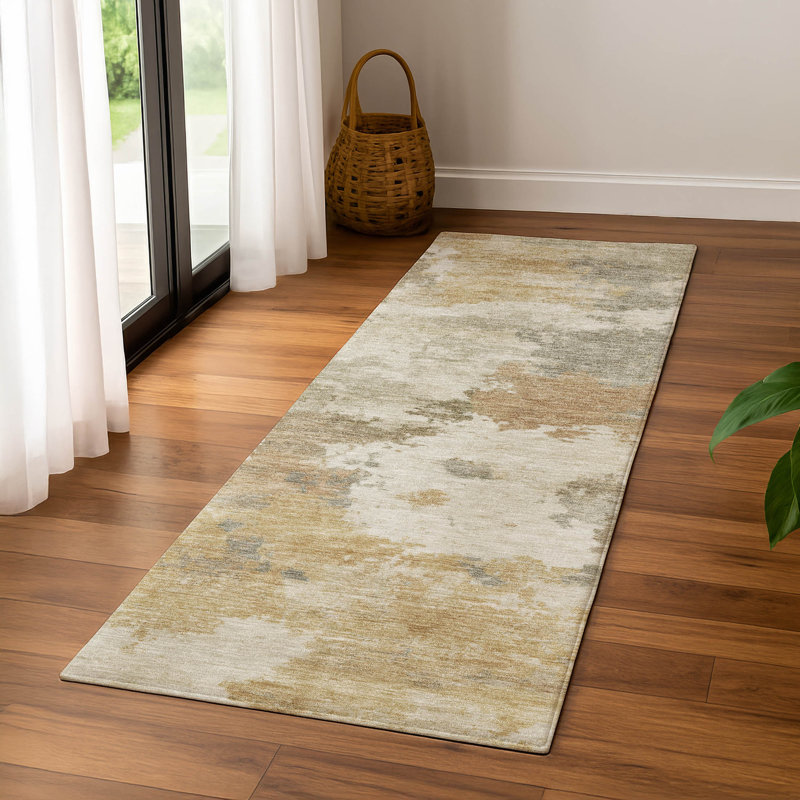 Premium Machine Washable Mayfield AMF2144 abstract Rug, 2'3" x 7'6" Runner, Khaki
