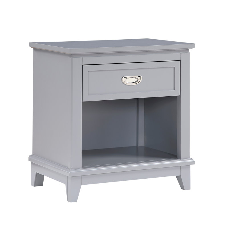 Table de chevet de chambre à coucher grise de style classique, 1 tiroir et tablette, poignées en nickel poli, sans assemblage, finition H 26 po - avec utilisation inférieure, largeur 16 po