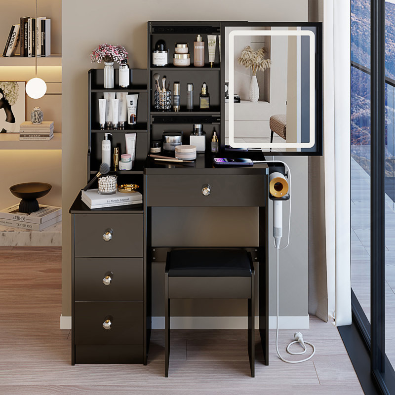 Jamie Cabinet Vanity Table with Padded Stool, Black