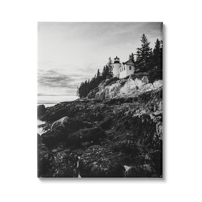 Photographie de phare de nuages de rivage rocheux monochrome, Plaque murale, L 16 po x H 16 po