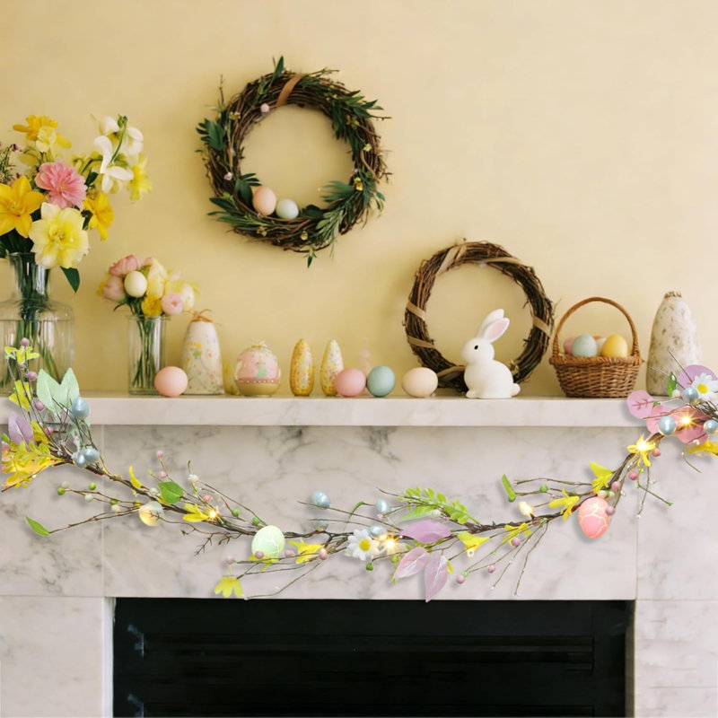 Décoration de guirlande de Pâques de 6 pi avec œufs de Pâques, guirlande florale suspendue artificielle pré-éclairée pour la cheminée