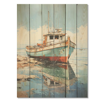Bateau de pêche au port I - Bateau côtier, art mural sur bois de pin naturel