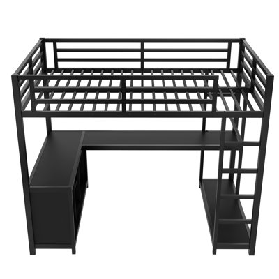 Lit mezzanine simple en métal avec garde-robe, bureau en L, cubes de rangement et tablettes, lit mezzanine pour enfants, adolescents et adultes, noir