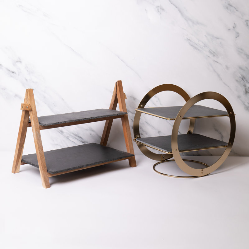 Artesa 2 Piece Slate & Wood Serving Stand Set