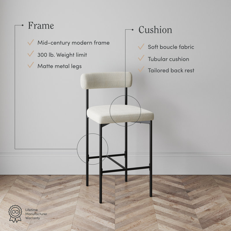 Boucle Upholstered Bar Stool with Metal Legs, Counter Stool (26" Seat Height), Cream/Boucle, 1