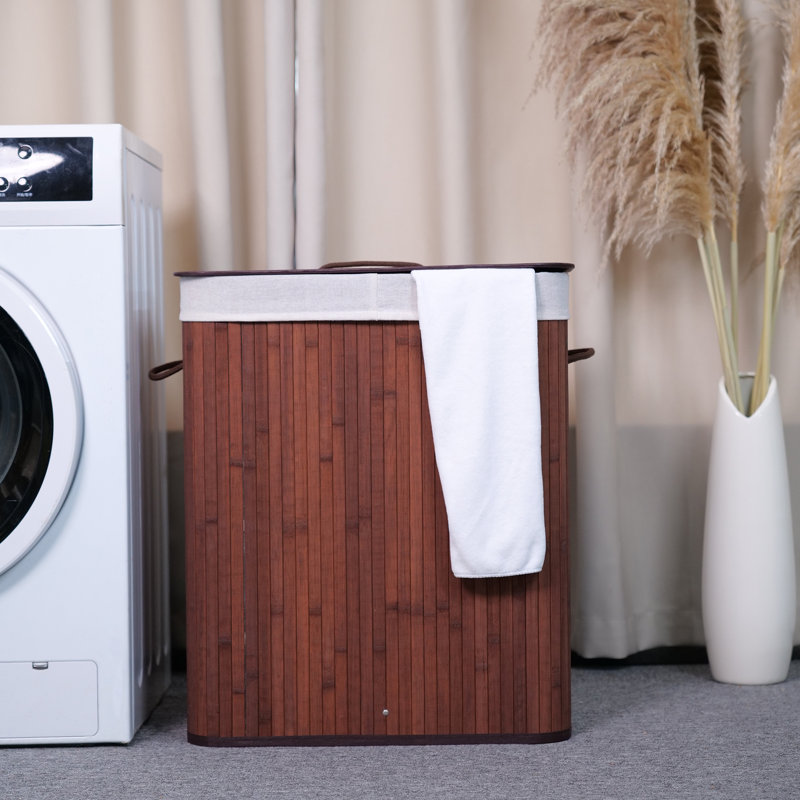 Bamboo Laundry Hamper Large 104L with Removable 4-Section Liner, Foldable Storage Basket with Lid and Handles, Brown