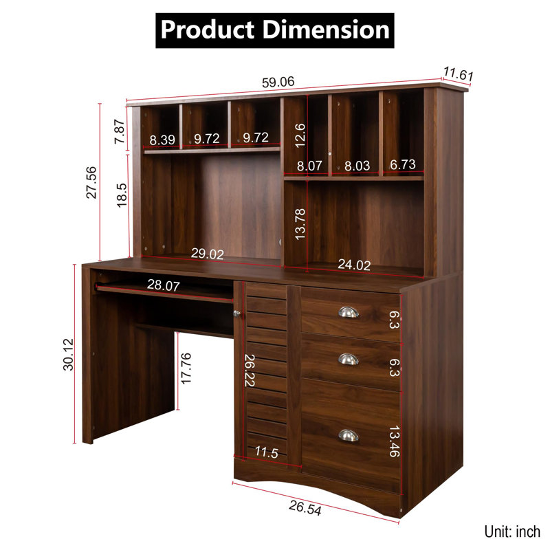 Antiqued White Home Office Computer Desk with Storage Hutch - Walnut Accent