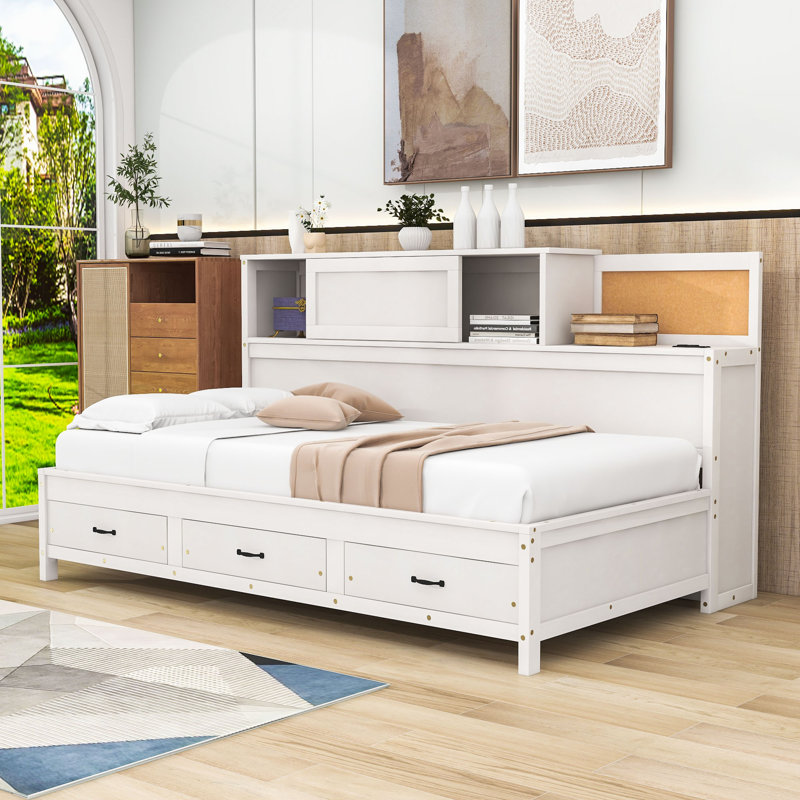 Mayores Daybed with 3 Storage Drawers, Shelves, and USB Ports, Twin, White