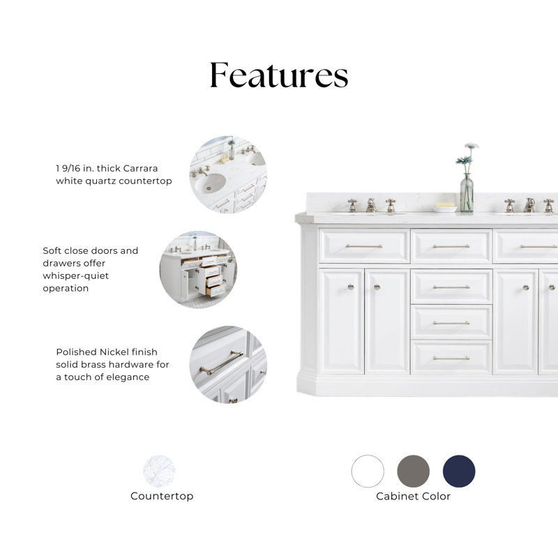 60" Palace Collection Quartz Carrara Cashmere Grey Bathroom Vanity Set With Hardware And F2-0012 Faucets in Chrome Finish