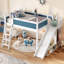 Lit mezzanine double bleu et blanc avec tablettes de rangement, glissière amovible, étapes d'installation simple, idéal pour économiser de l'espace dans la chambre à coucher