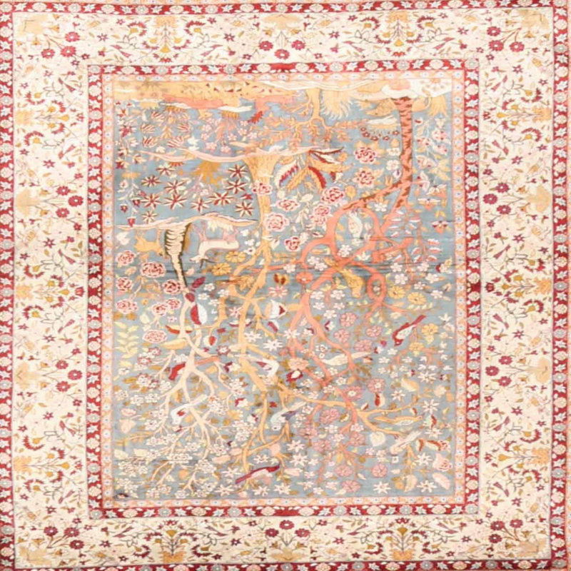 Tapis traditionnel rouge/bleu/beige area, Carré 5 pi