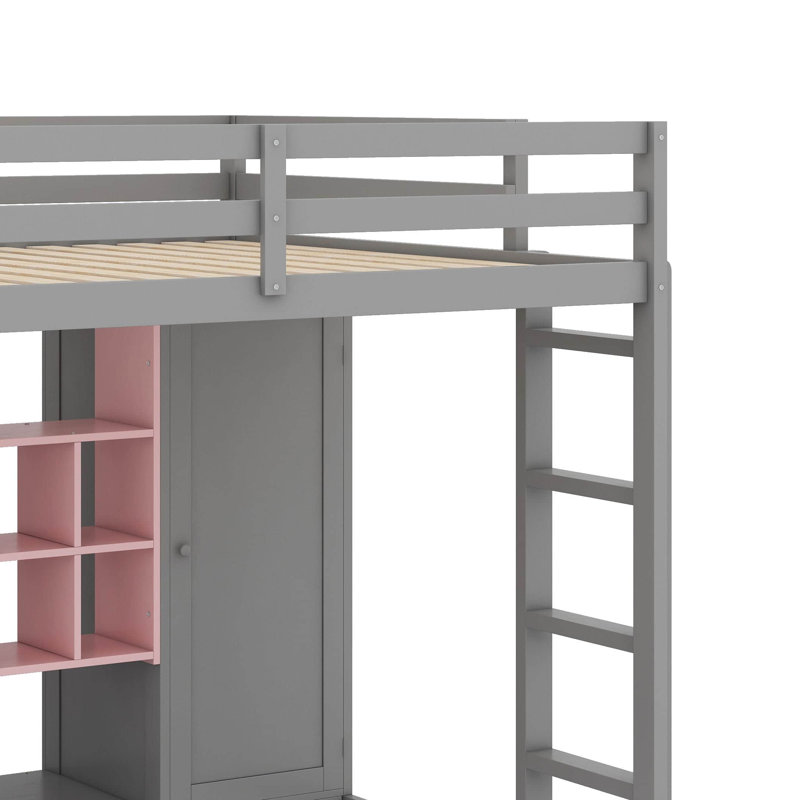 Full Size Wood Loft Bed With Shelves,Wardrobe And Cabinet, Gray/Pink, Full