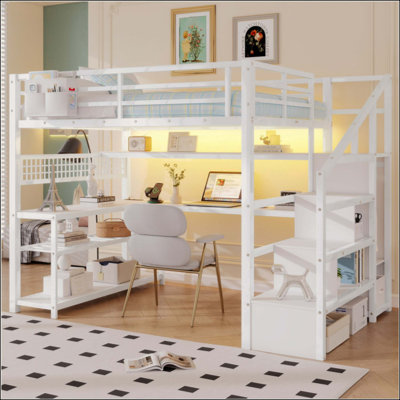 Metal Loft Bed with Reversible Storage Staircase & Built‑In Wardrobe, L‑Shaped Desk, RGB LED Light Strip and Charging Station, Multi‑Functional Space‑Saving Bedroom Bed Frame