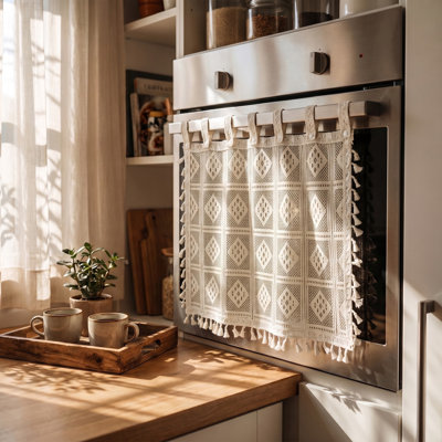 Farmhouse Oven Skirt Crochet Lace Stove Curtain, Cream Off White Vintage Openwork Lace Oven Door Cover with Side Tassel Trim, Button Tab Top Boho Decorative Appliance Curtain for Stove, Dishwasher