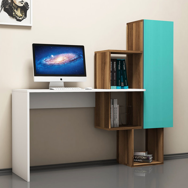 Loucks Computer Desk, Walnut/Turquoise