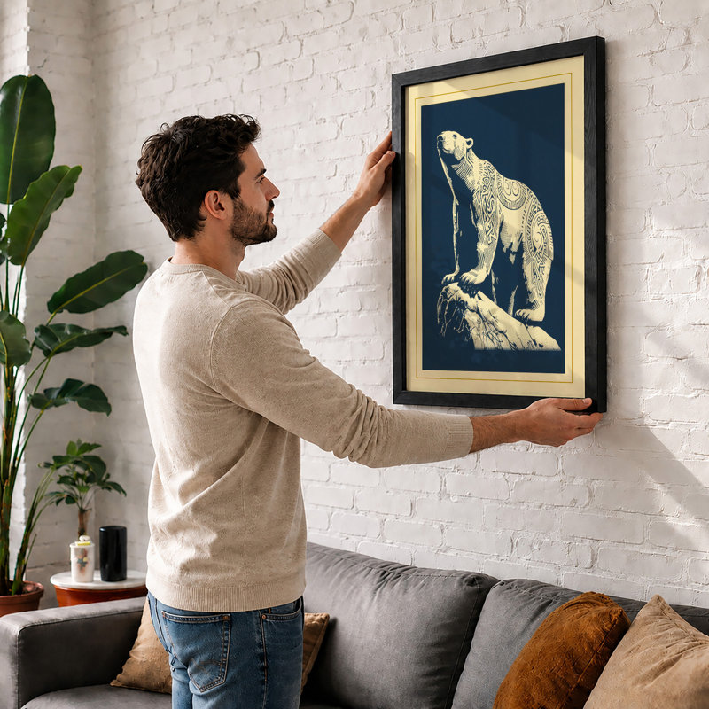 Upright Polar Bear Scandinavian - Framed Print, Oak, A3 - 42.0 x 29.7 cm
