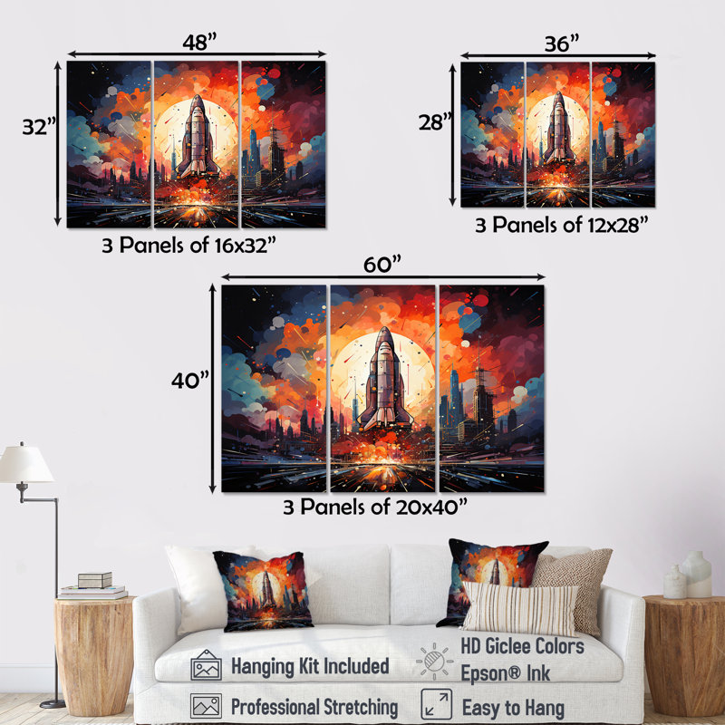 «Expressionist Space Shuttle Burst I», ensemble d'art mural fusée, Toile tendue, H 40 po x l 60 po x P 1 po