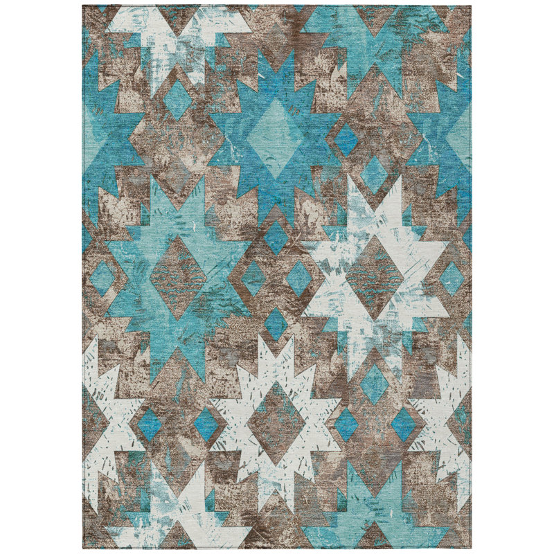 Machine Washable Indoor/Outdoor Xhevrie Teal Rug, Rectangle 8' x 10'