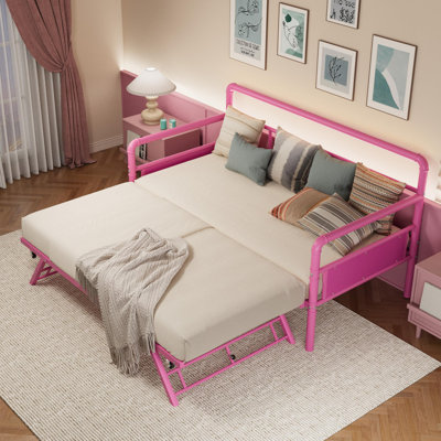 Full Metal Daybed with Pop Up Trundle Bed, Heavy Duty Steel Frame Sofa Bed for Guest Room, Living Room