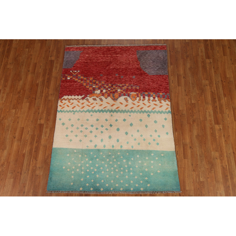Tapis unique en laine noué à la main 4 pi 11 po x 6 pi 9 po nouvel âge en rouge / crème / vert