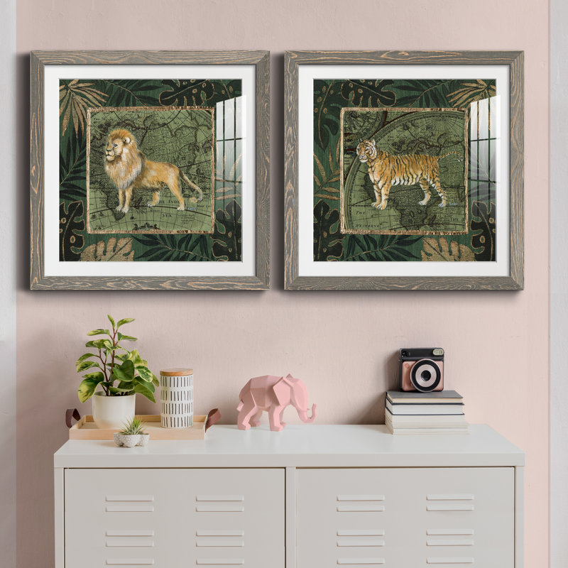 «Jungle Lion», ensemble de 2 impressions, H 31,5 po x l 63 po x P 1,5 po, Cadre en papier gris