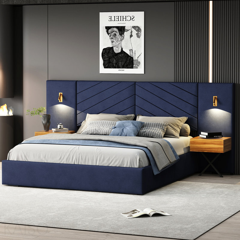 Très grand lit en velours avec support solide et table portative - Look rétro bleu tendance